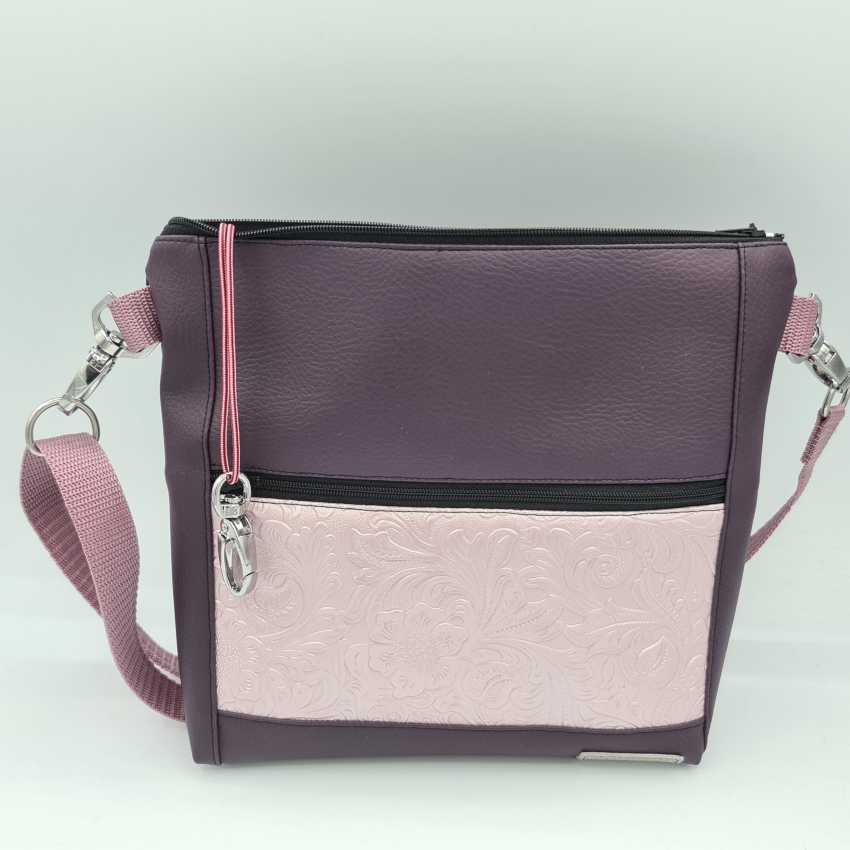 Gassitasche / Cross Bag / Hip Bag, augergine / rosa Blütenranken